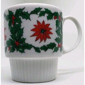 Vintage Porcelain Poinsettia Holly & Berries Stackable Handled Japan 8 oz Mug